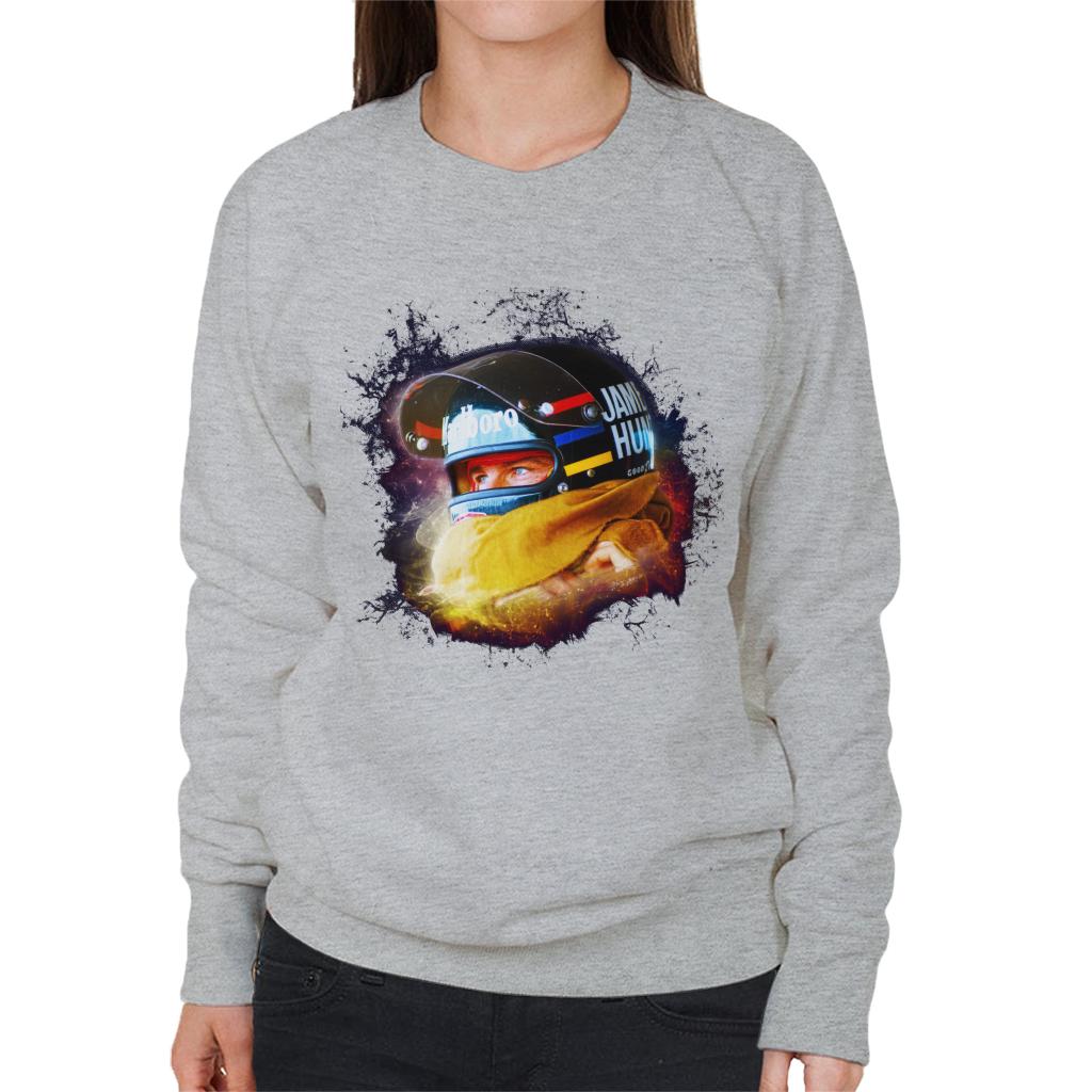 Motorsport Images James Hunt Wearing Helmet Portrait Women's Sweatshirt-ALL + EVERY