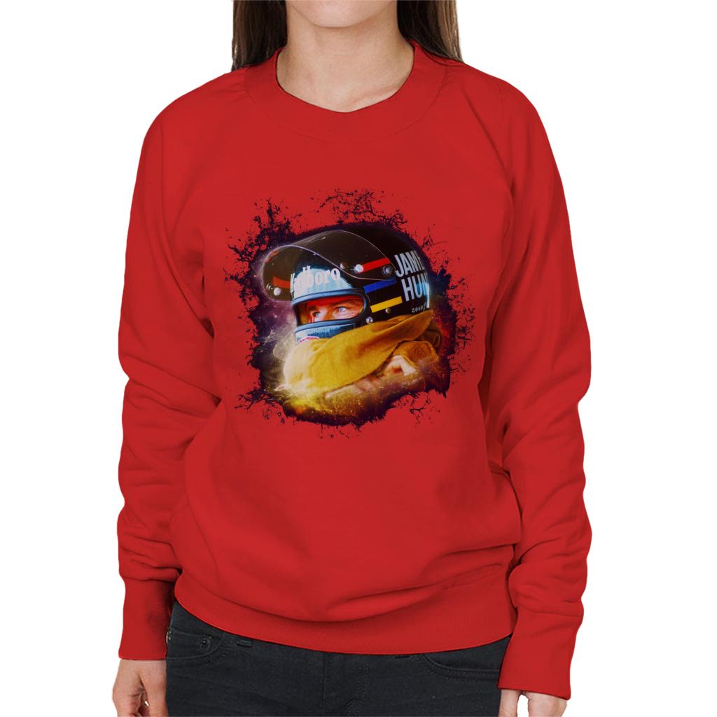 Motorsport Images James Hunt Wearing Helmet Portrait Women's Sweatshirt-ALL + EVERY