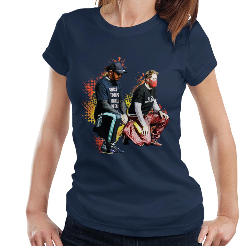 Motorsport Images Lewis Hamilton And Sebastian Vettel Kneeling Women's T-Shirt-ALL + EVERY