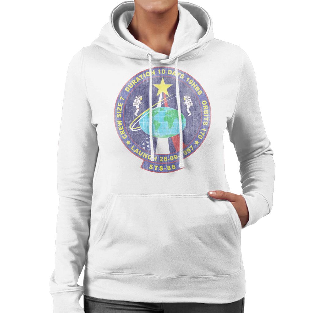 NASA STS 86 Atlantis Mission Badge Distressed Women's Hooded Sweatshirt-ALL + EVERY