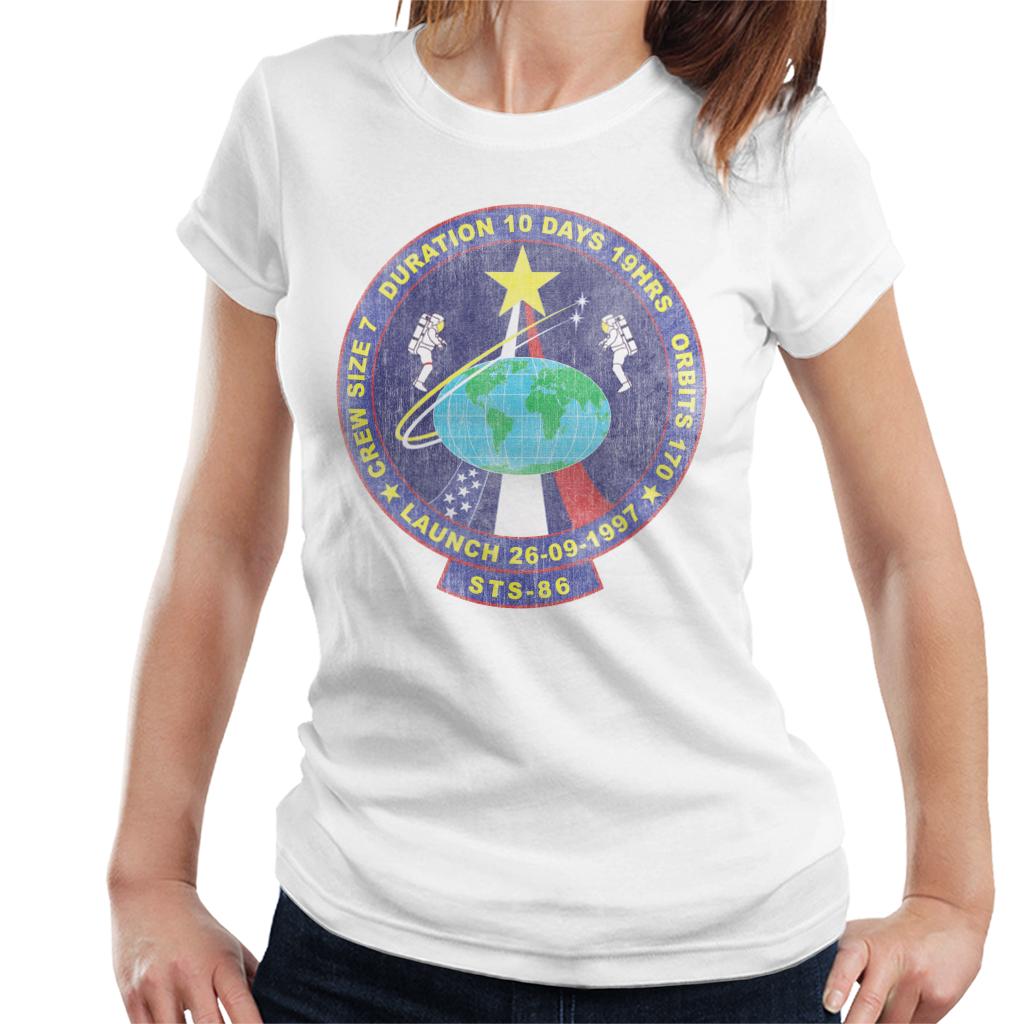 NASA STS 86 Atlantis Mission Badge Distressed Women's T-Shirt-ALL + EVERY