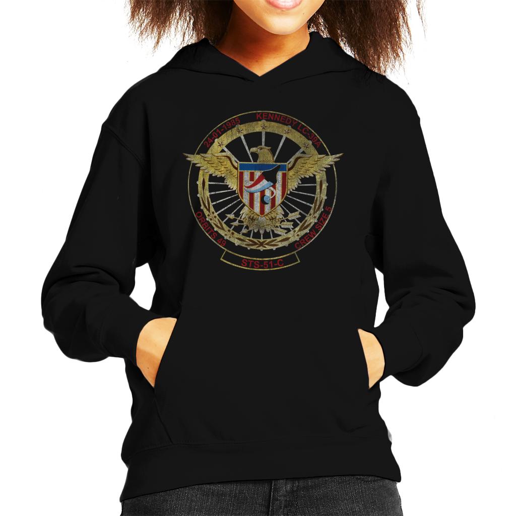 NASA STS 51 C Discovery Mission Badge Distressed Kids Hooded Sweatshirt-ALL + EVERY