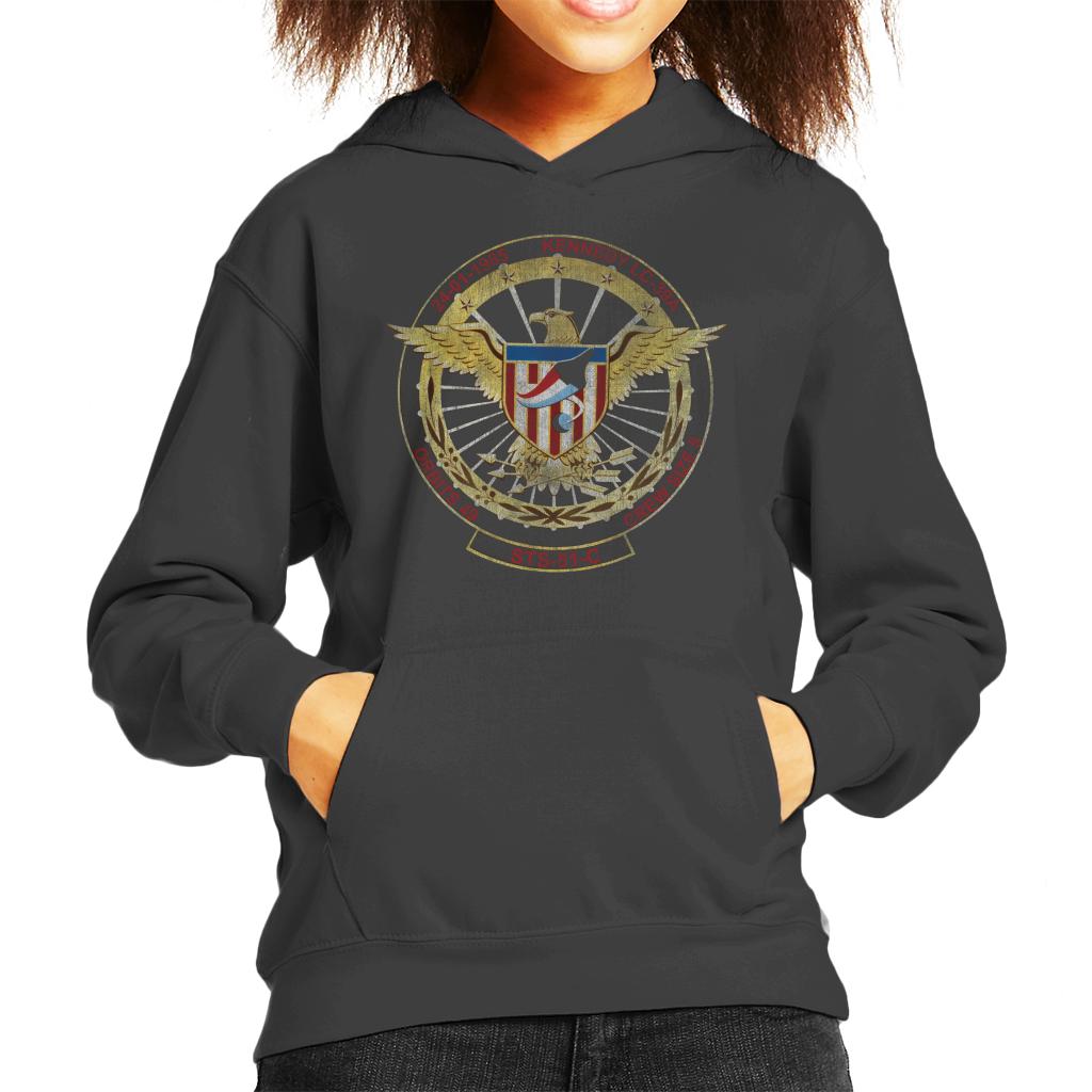 NASA STS 51 C Discovery Mission Badge Distressed Kids Hooded Sweatshirt-ALL + EVERY