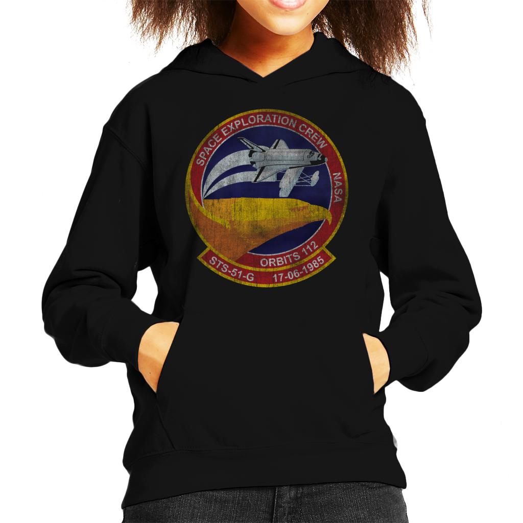 NASA STS 51 G Discovery Mission Badge Distressed Kids Hooded Sweatshirt-ALL + EVERY