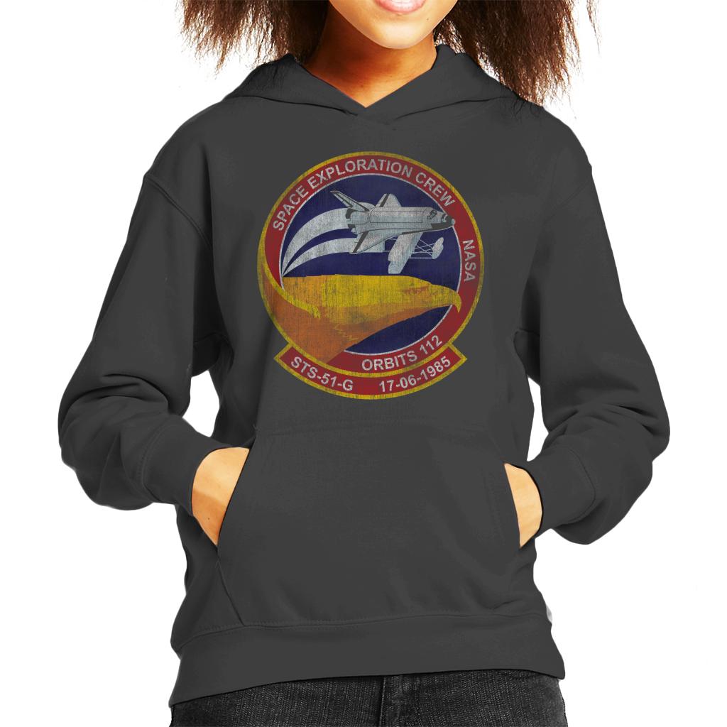 NASA STS 51 G Discovery Mission Badge Distressed Kids Hooded Sweatshirt-ALL + EVERY