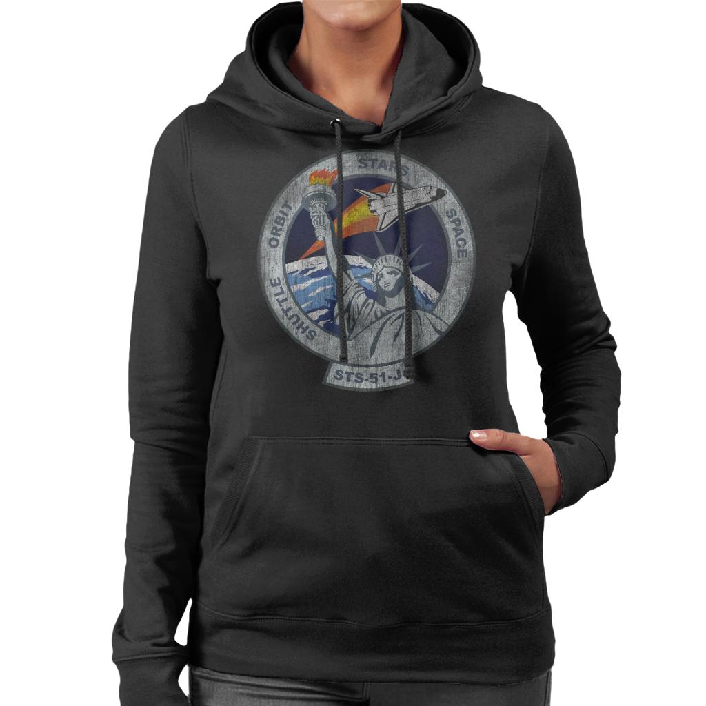 NASA STS 51 J Atlantis Mission Badge Distressed Women's Hooded Sweatshirt-ALL + EVERY