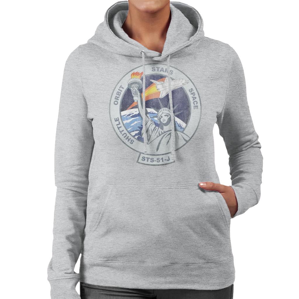 NASA STS 51 J Atlantis Mission Badge Distressed Women's Hooded Sweatshirt-ALL + EVERY