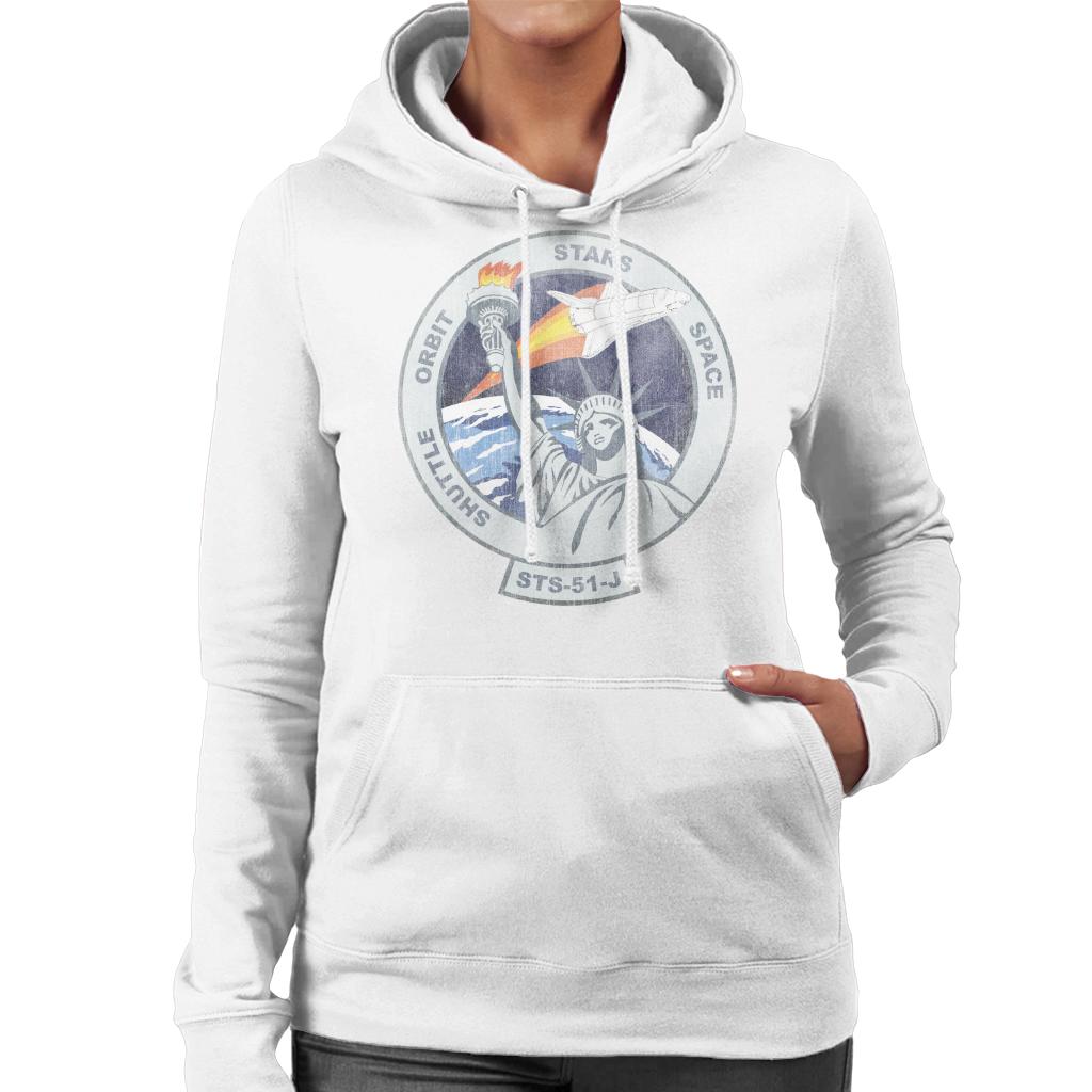 NASA STS 51 J Atlantis Mission Badge Distressed Women's Hooded Sweatshirt-ALL + EVERY