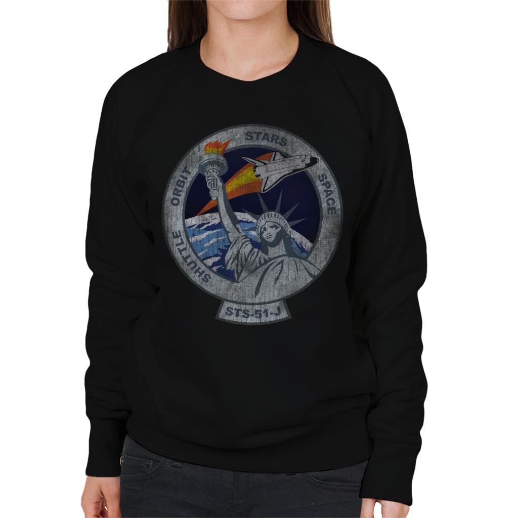 NASA STS 51 J Atlantis Mission Badge Distressed Women's Sweatshirt-ALL + EVERY