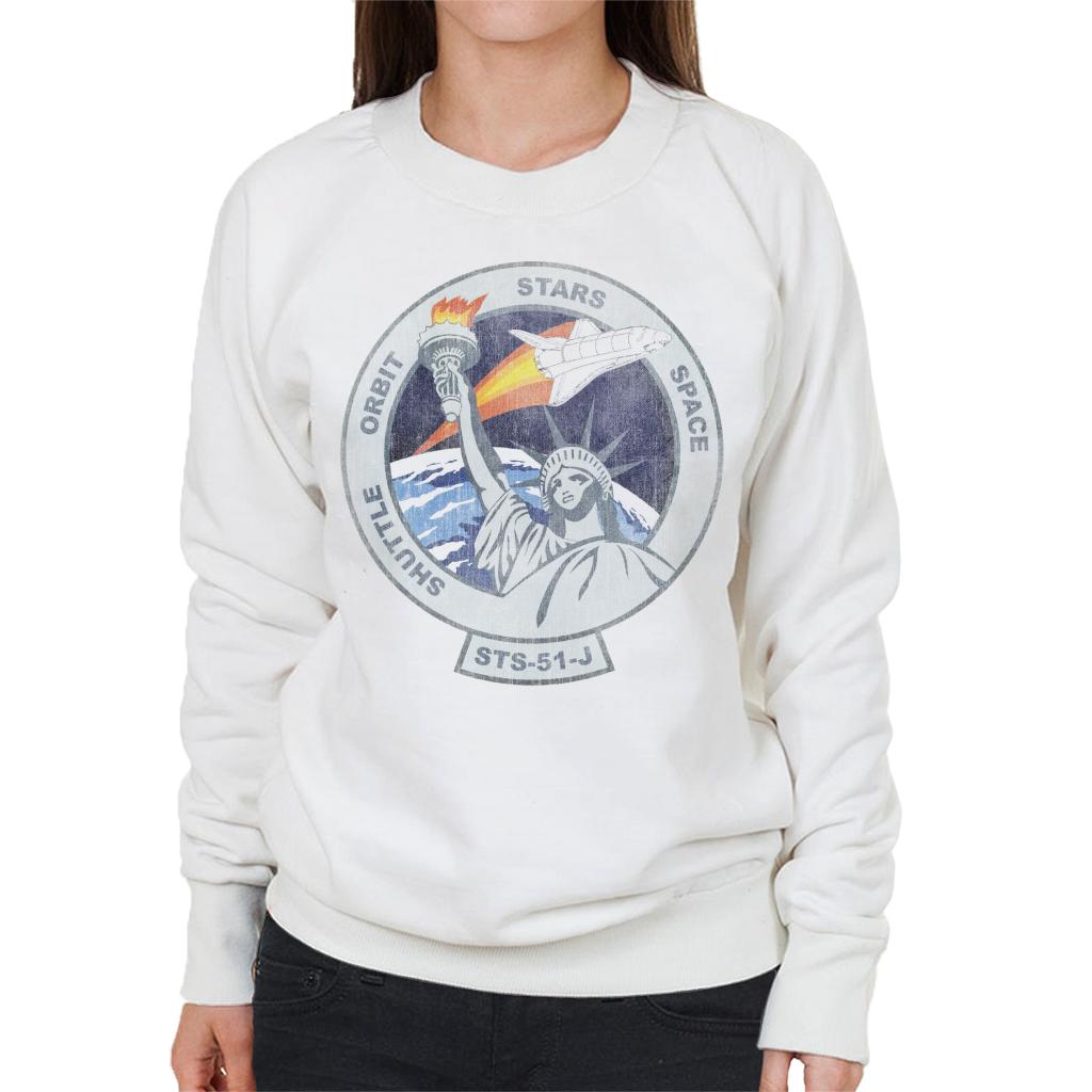 NASA STS 51 J Atlantis Mission Badge Distressed Women's Sweatshirt-ALL + EVERY