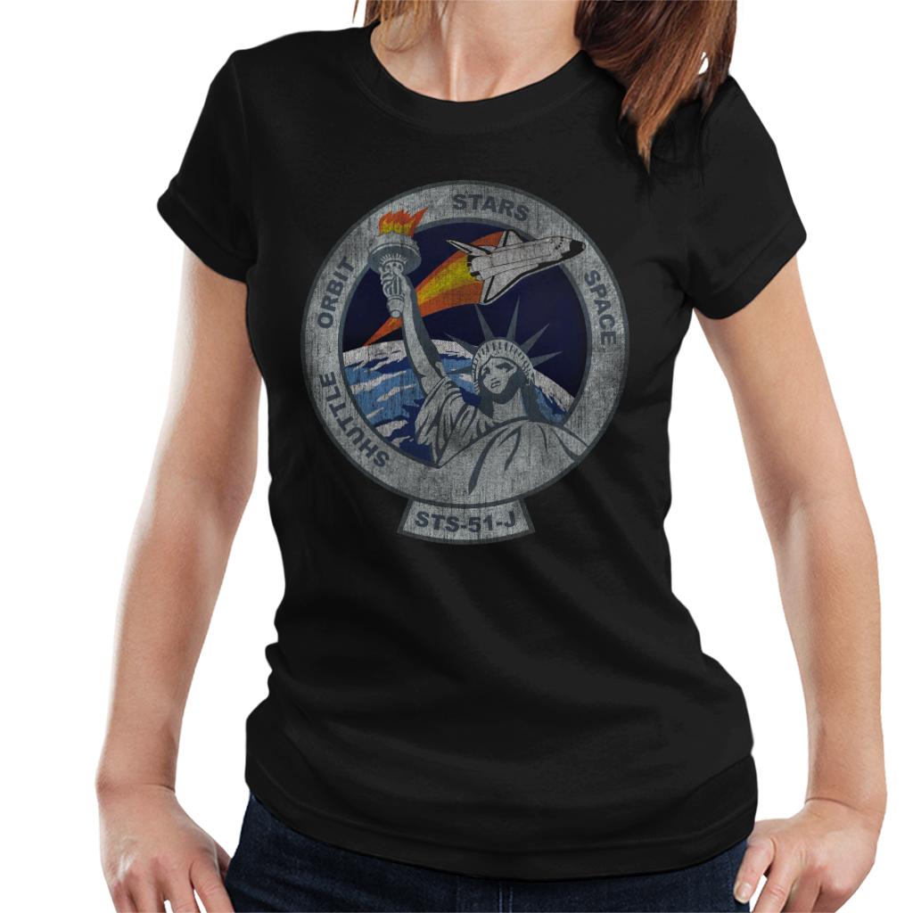 NASA STS 51 J Atlantis Mission Badge Distressed Women's T-Shirt-ALL + EVERY