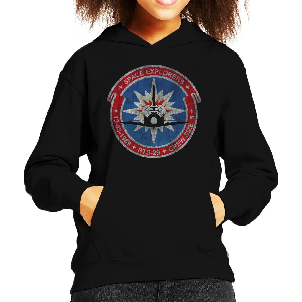 NASA STS 29 Discovery Mission Badge Distressed Kids Hooded Sweatshirt-ALL + EVERY