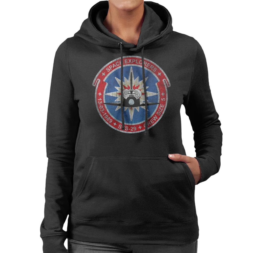 NASA STS 29 Discovery Mission Badge Distressed Women's Hooded Sweatshirt-ALL + EVERY