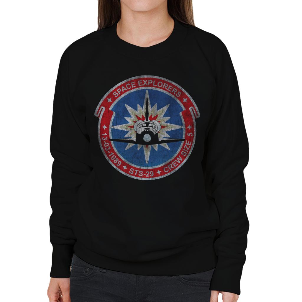 NASA STS 29 Discovery Mission Badge Distressed Women's Sweatshirt-ALL + EVERY