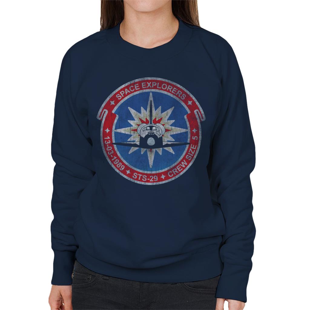 NASA STS 29 Discovery Mission Badge Distressed Women's Sweatshirt-ALL + EVERY