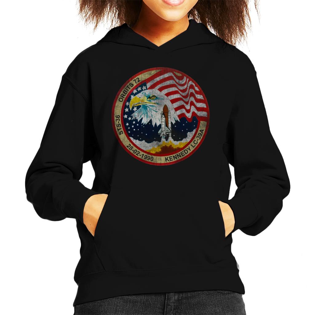 NASA STS 36 Atlantis Mission Badge Distressed Kids Hooded Sweatshirt-ALL + EVERY