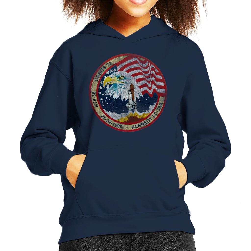 NASA STS 36 Atlantis Mission Badge Distressed Kids Hooded Sweatshirt-ALL + EVERY