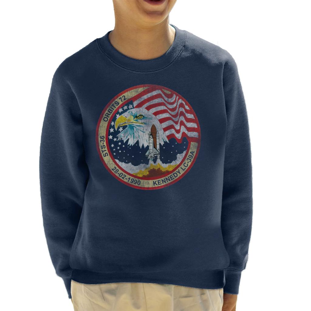 NASA STS 36 Atlantis Mission Badge Distressed Kids Sweatshirt-ALL + EVERY