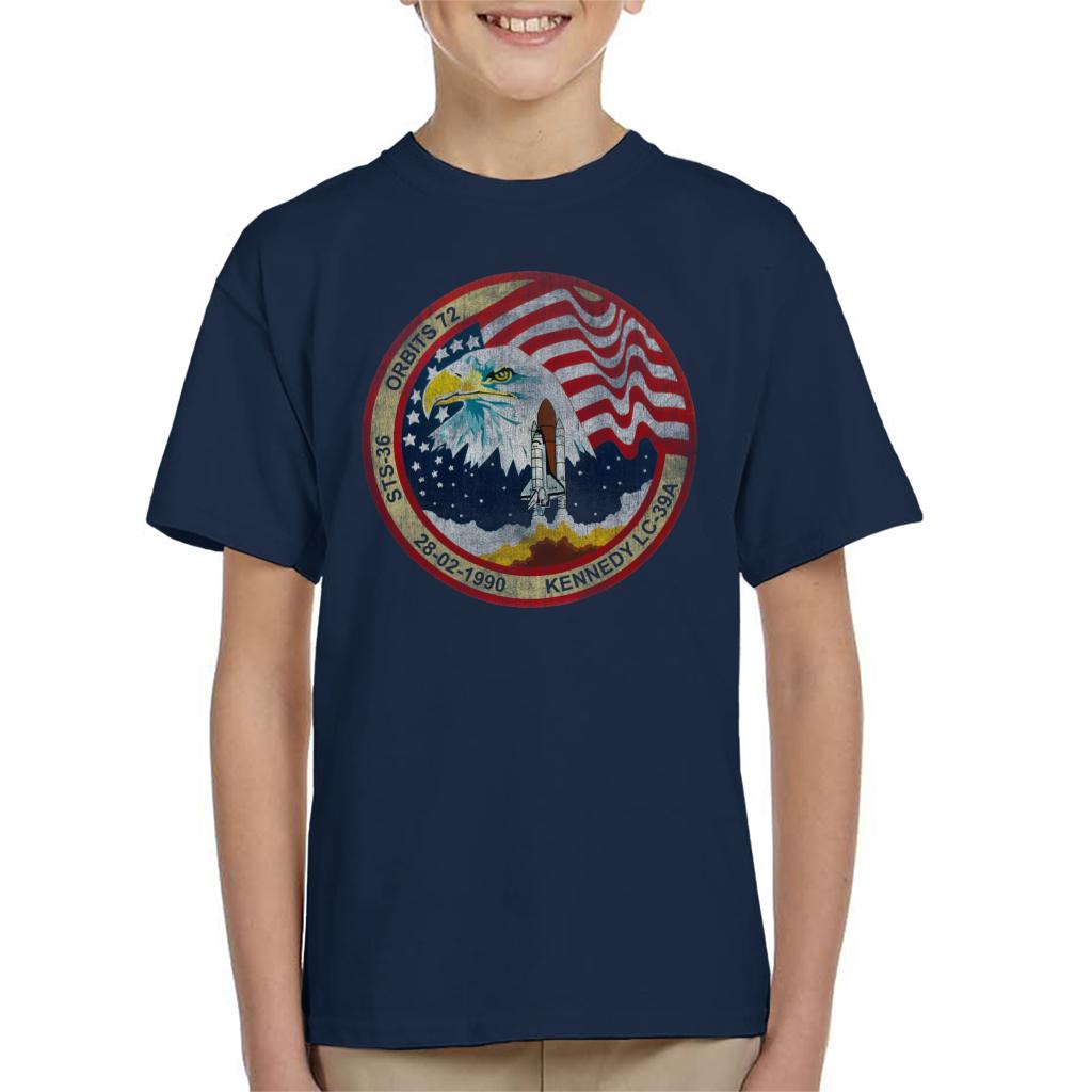 NASA STS 36 Atlantis Mission Badge Distressed Kids T-Shirt-ALL + EVERY