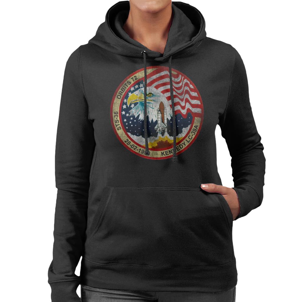 NASA STS 36 Atlantis Mission Badge Distressed Women's Hooded Sweatshirt-ALL + EVERY