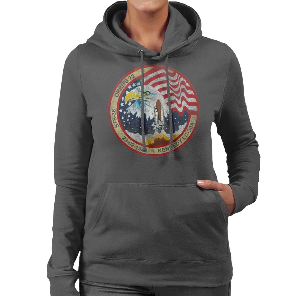 NASA STS 36 Atlantis Mission Badge Distressed Women's Hooded Sweatshirt-ALL + EVERY