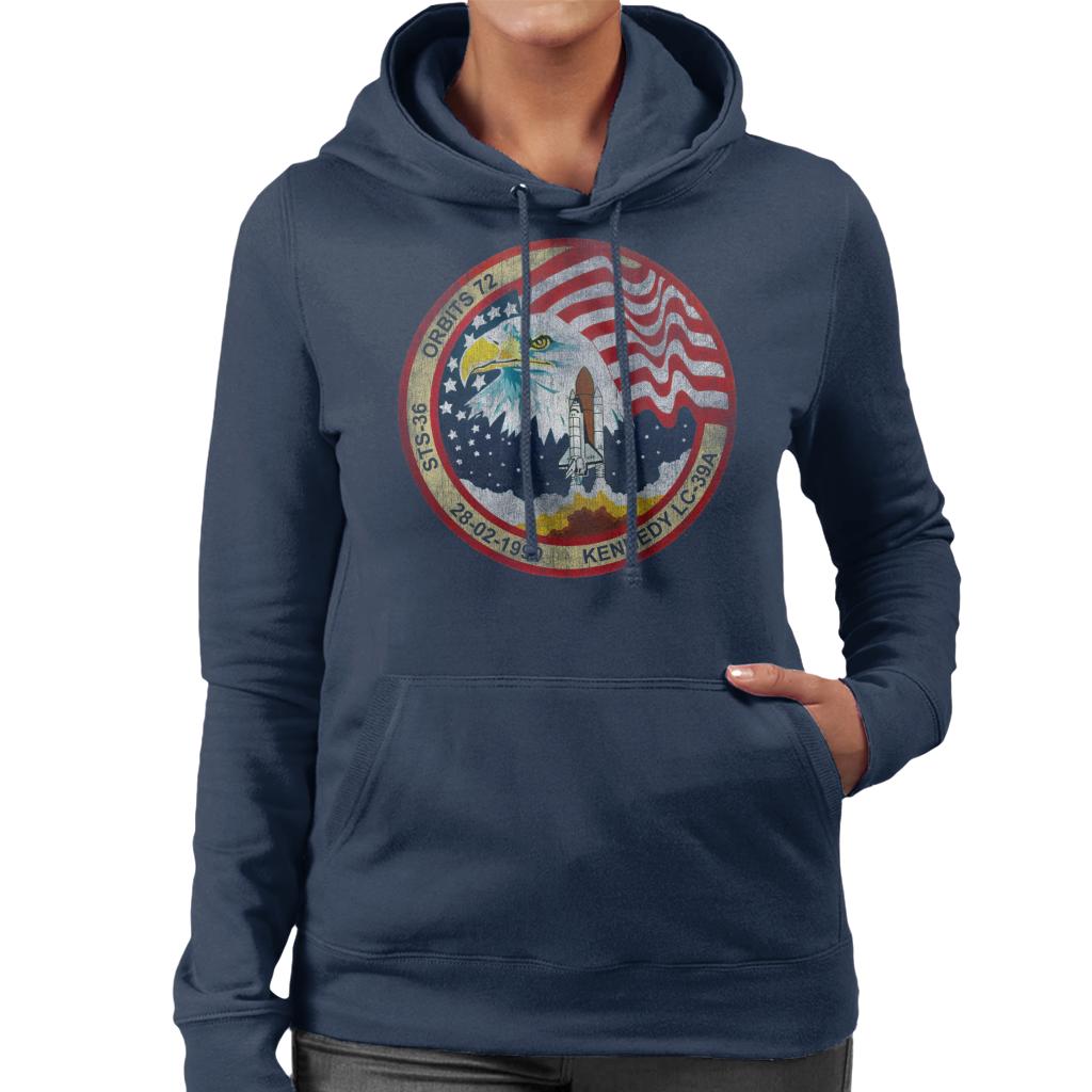 NASA STS 36 Atlantis Mission Badge Distressed Women's Hooded Sweatshirt-ALL + EVERY