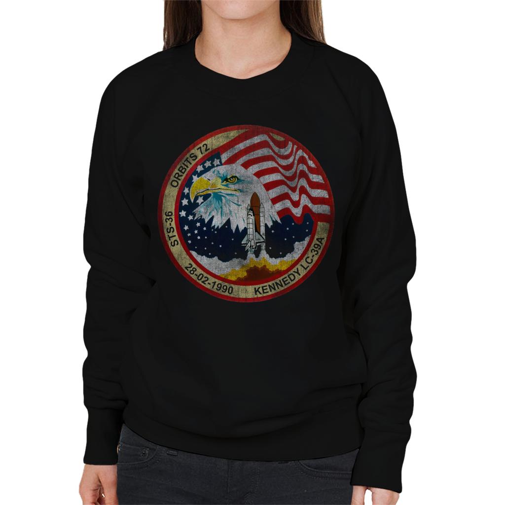 NASA STS 36 Atlantis Mission Badge Distressed Women's Sweatshirt-ALL + EVERY