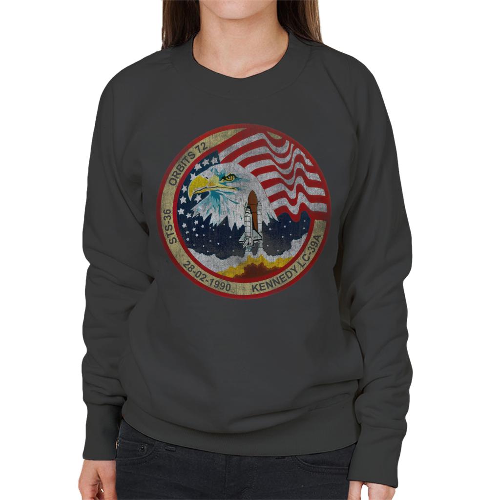 NASA STS 36 Atlantis Mission Badge Distressed Women's Sweatshirt-ALL + EVERY
