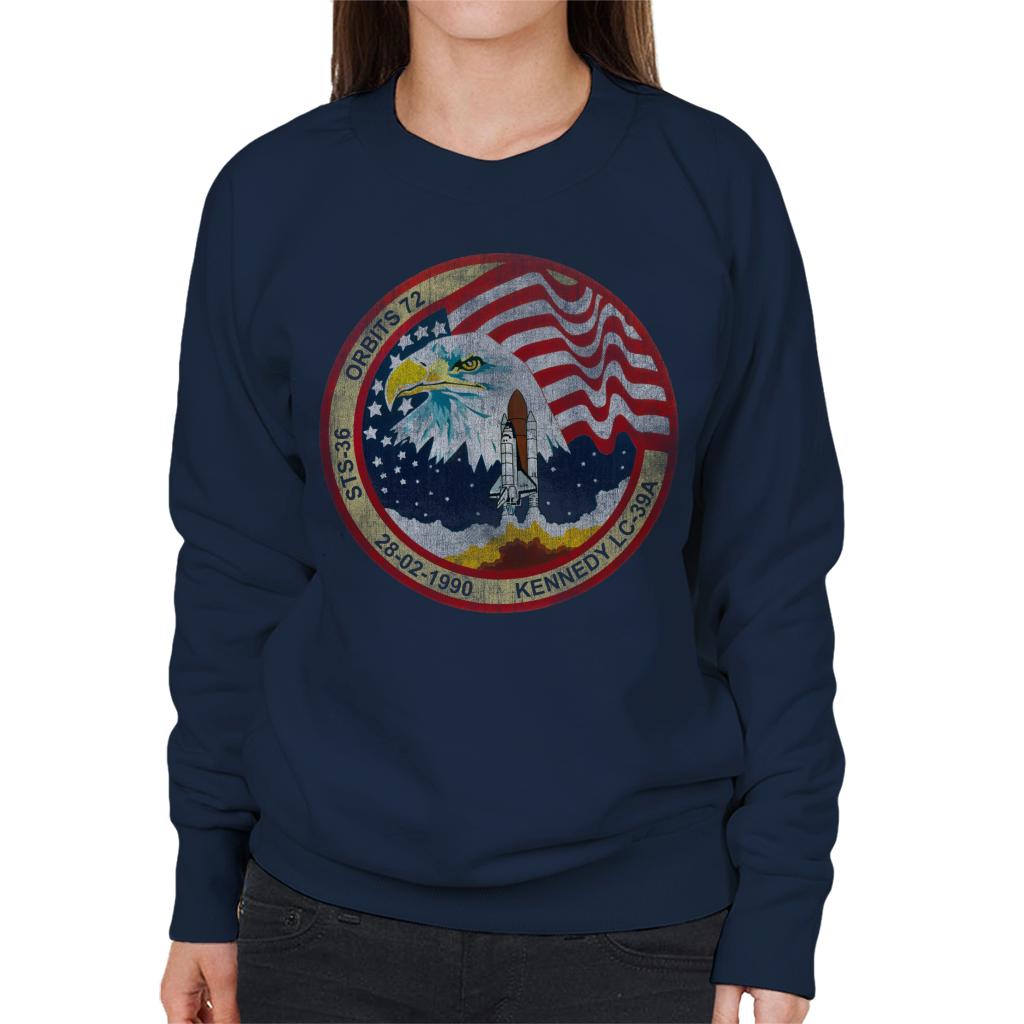 NASA STS 36 Atlantis Mission Badge Distressed Women's Sweatshirt-ALL + EVERY