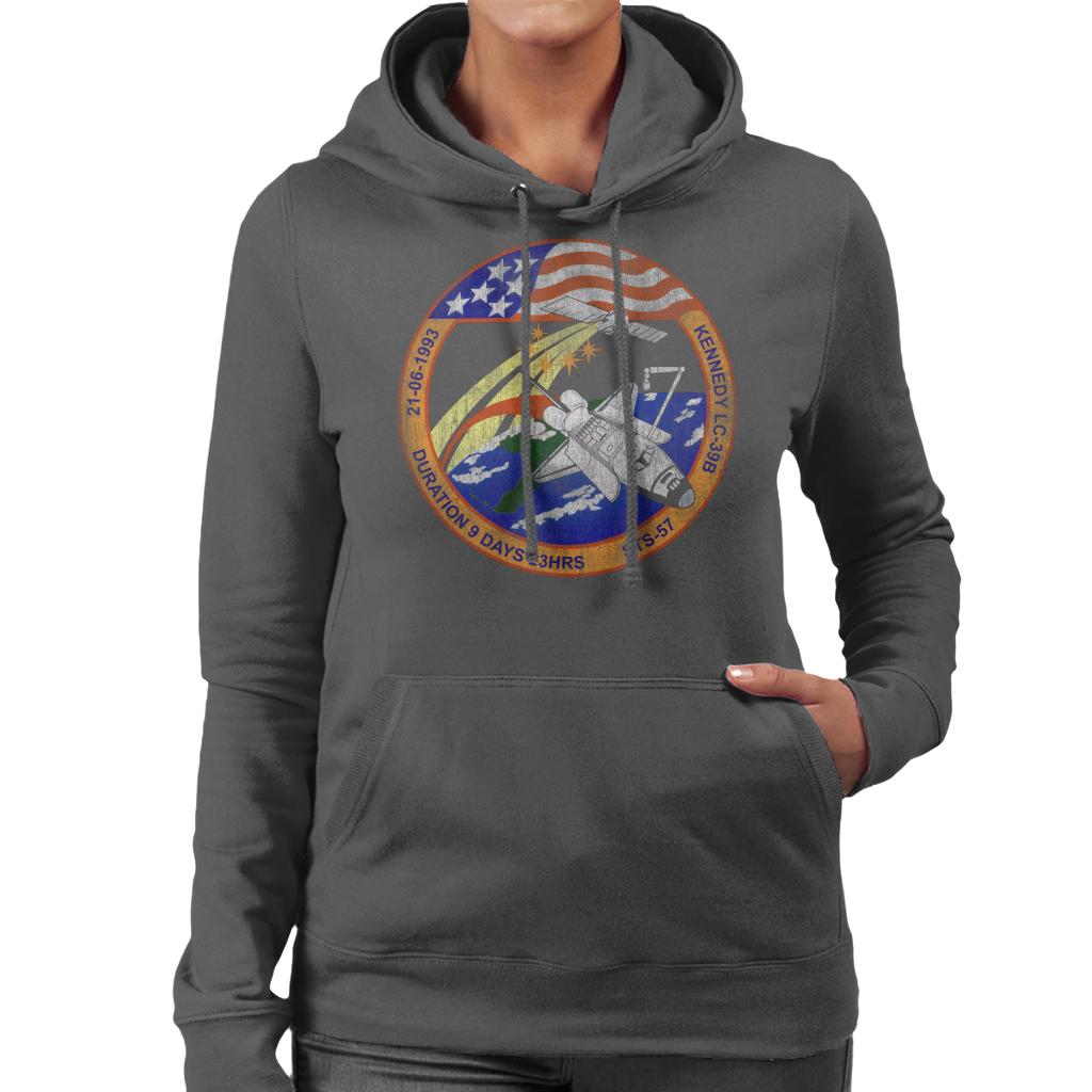 NASA STS 57 Endeavour Mission Badge Distressed Women's Hooded Sweatshirt-ALL + EVERY