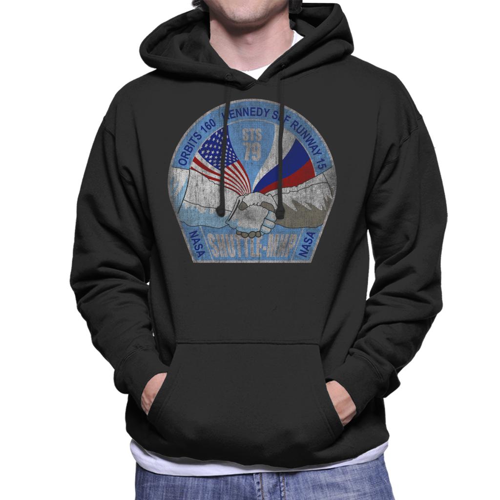 NASA STS 79 Atlantis Mission Badge Distressed Men's Hooded Sweatshirt-ALL + EVERY