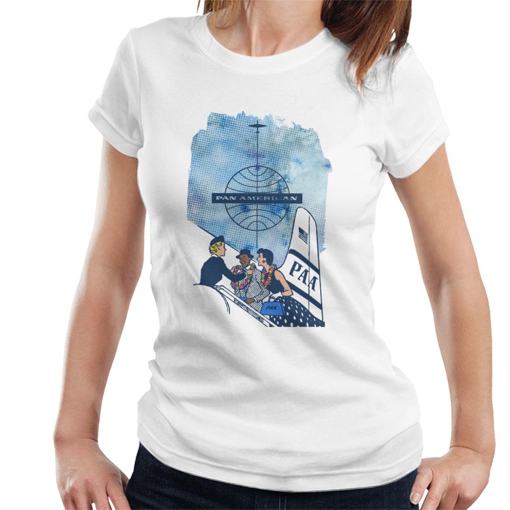 Pan Am Hostess Placing Rainbow Lei On Customer Women's T-Shirt-ALL + EVERY