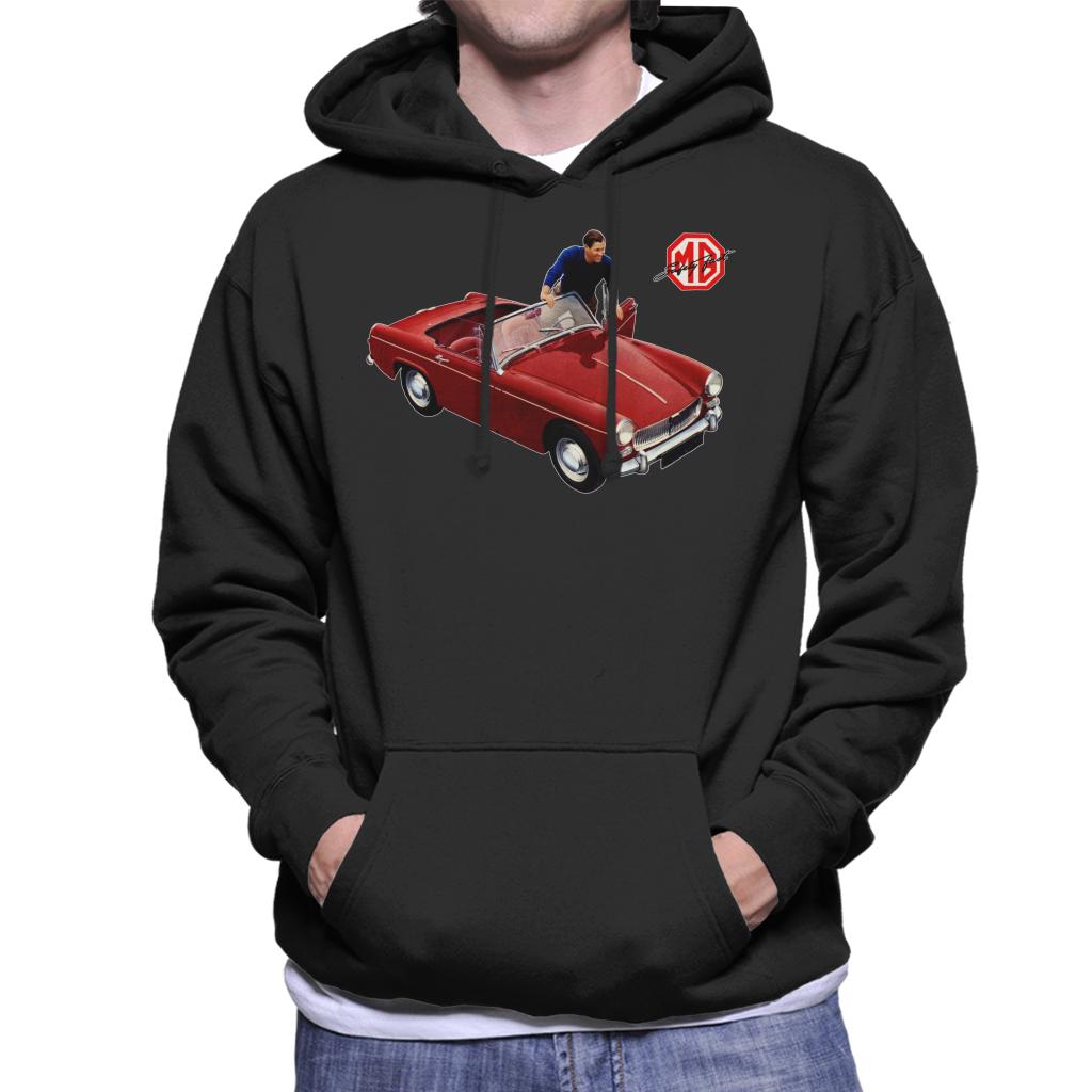 MG Red Getting In Car British Motor Heritage Men's Hooded Sweatshirt-ALL + EVERY