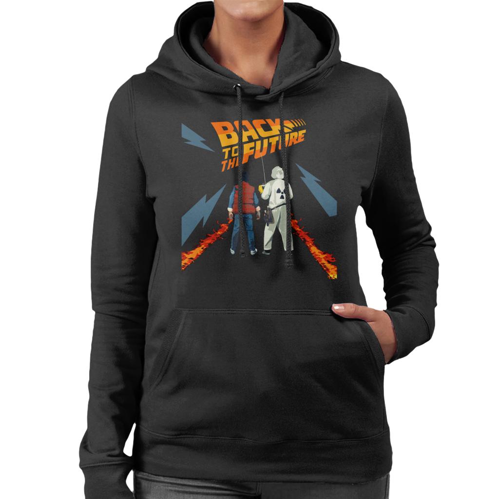 Back to the Future Delorean Fire Trail Marty And Doc Women's Hooded Sweatshirt-ALL + EVERY