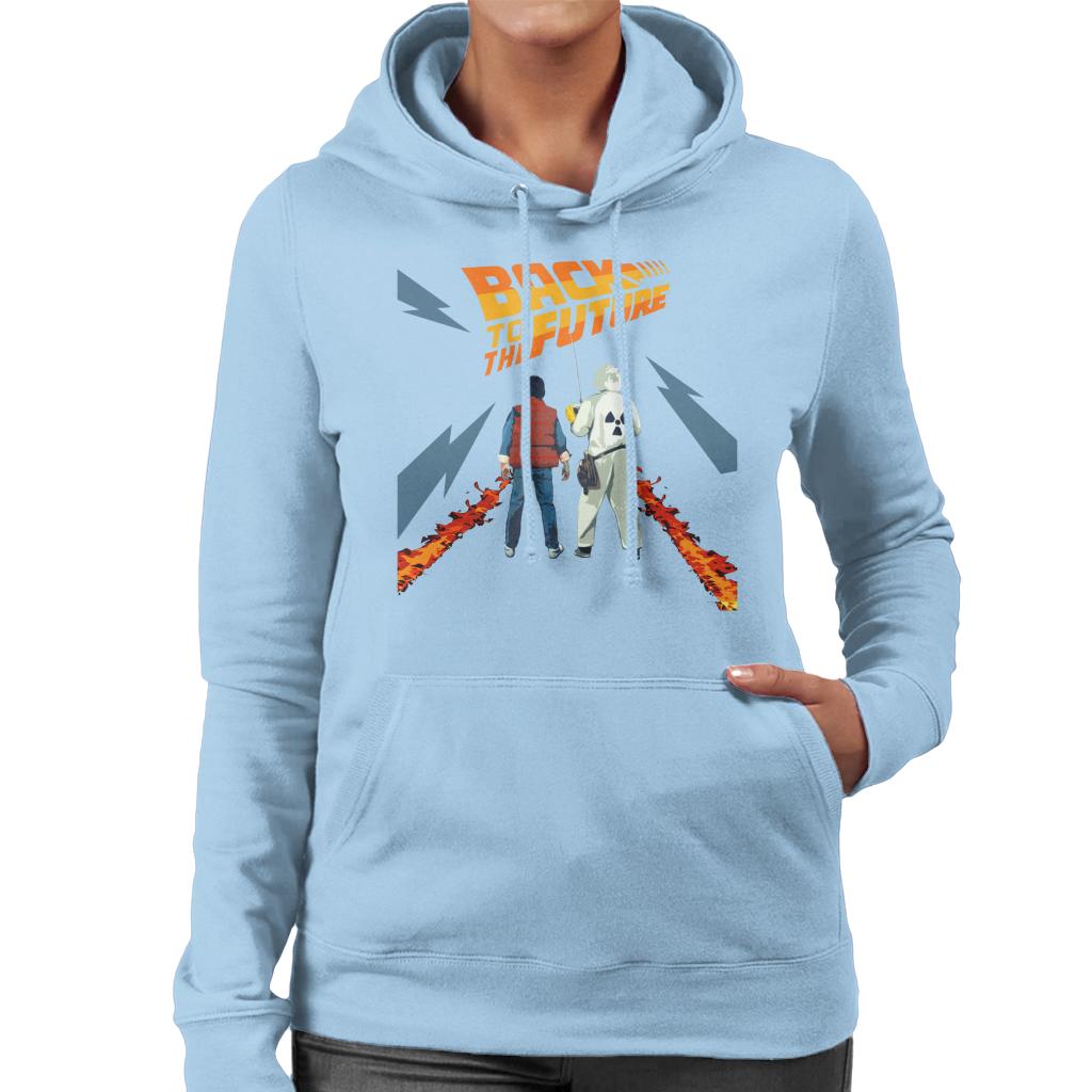 Back to the Future Delorean Fire Trail Marty And Doc Women's Hooded Sweatshirt-ALL + EVERY