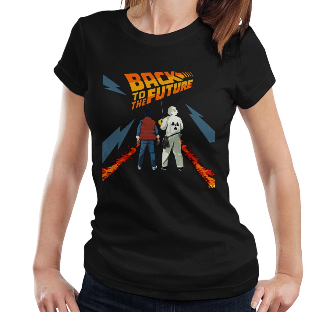 Back to the Future Delorean Fire Trail Marty And Doc Women's T-Shirt-ALL + EVERY