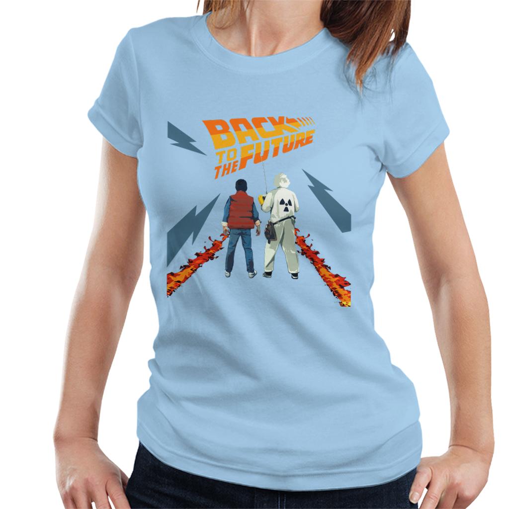 Back to the Future Delorean Fire Trail Marty And Doc Women's T-Shirt-ALL + EVERY