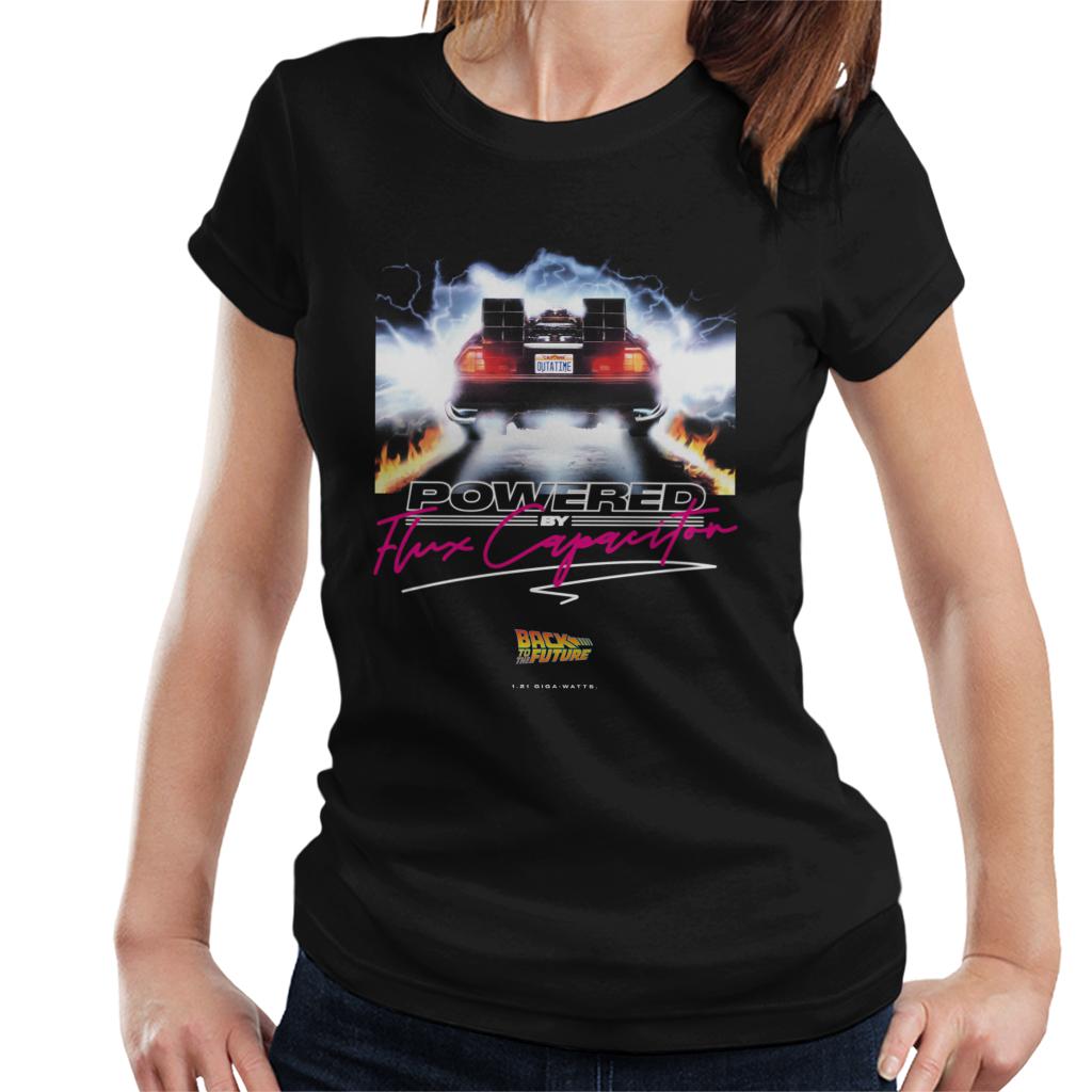 Back to the Future Delorean Powered By Flux Capacitor Women's T-Shirt-ALL + EVERY