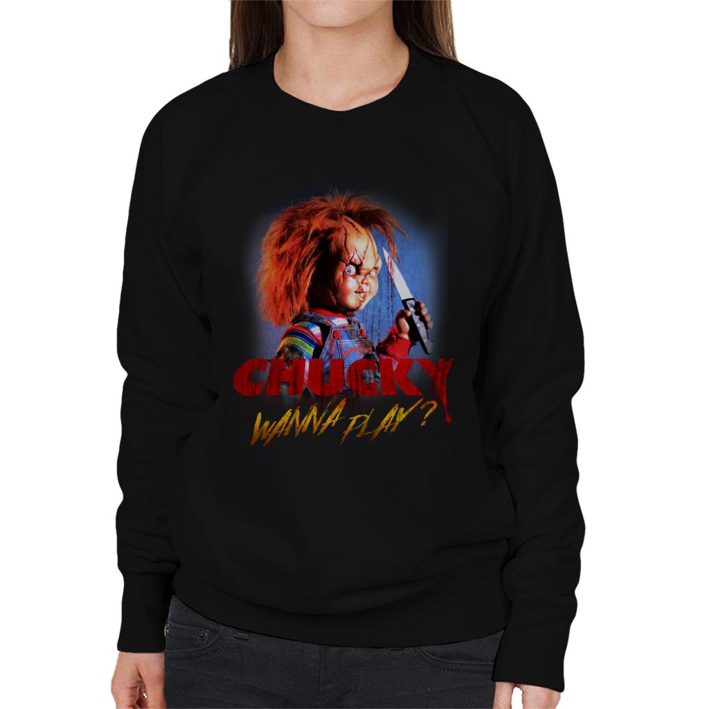 Chucky Wanna Play Crazed Face Women's Sweatshirt-ALL + EVERY