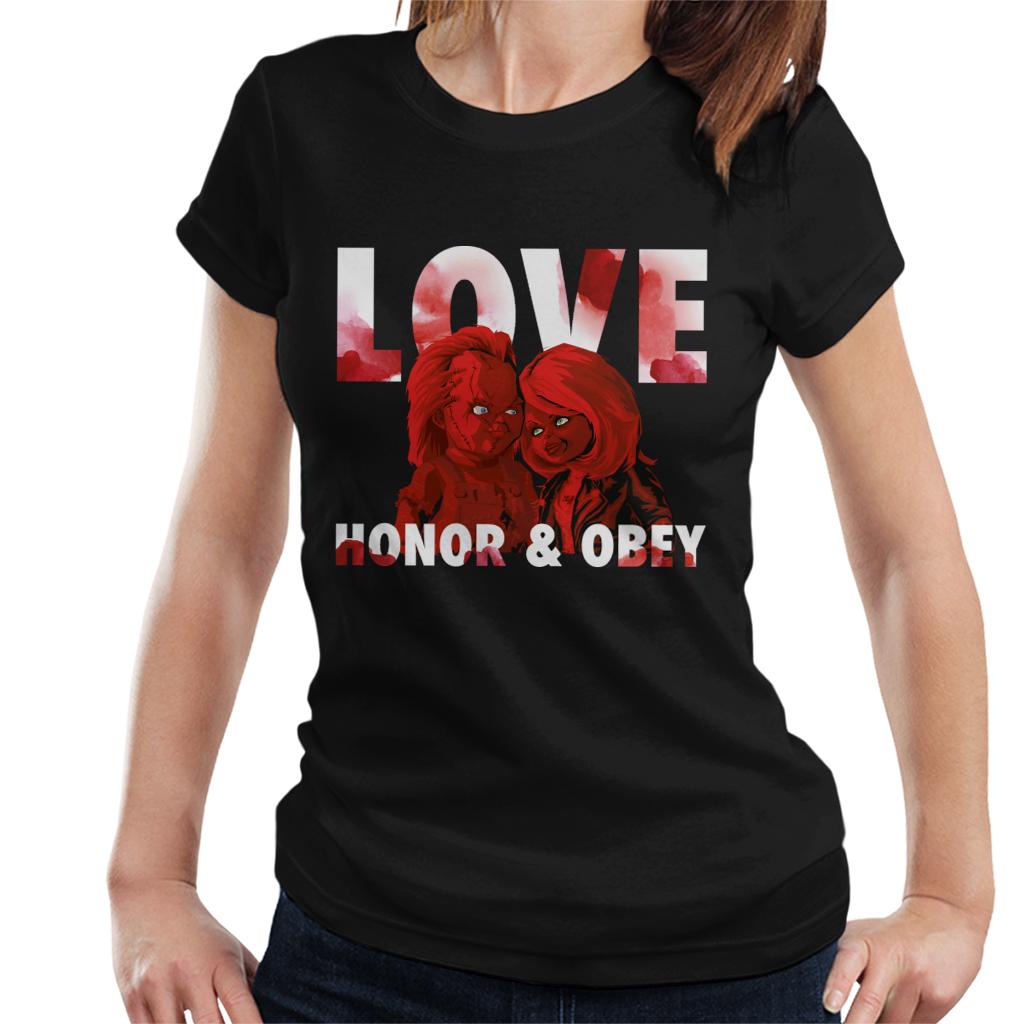 Chucky Tiffany Valentine Love Honor And Obey Women's T-Shirt-ALL + EVERY