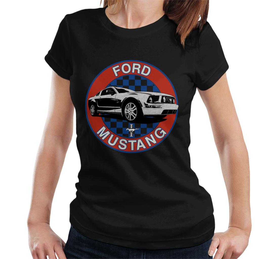 Ford Mustang Blue Checkered Race Stripes Women's T-Shirt-ALL + EVERY