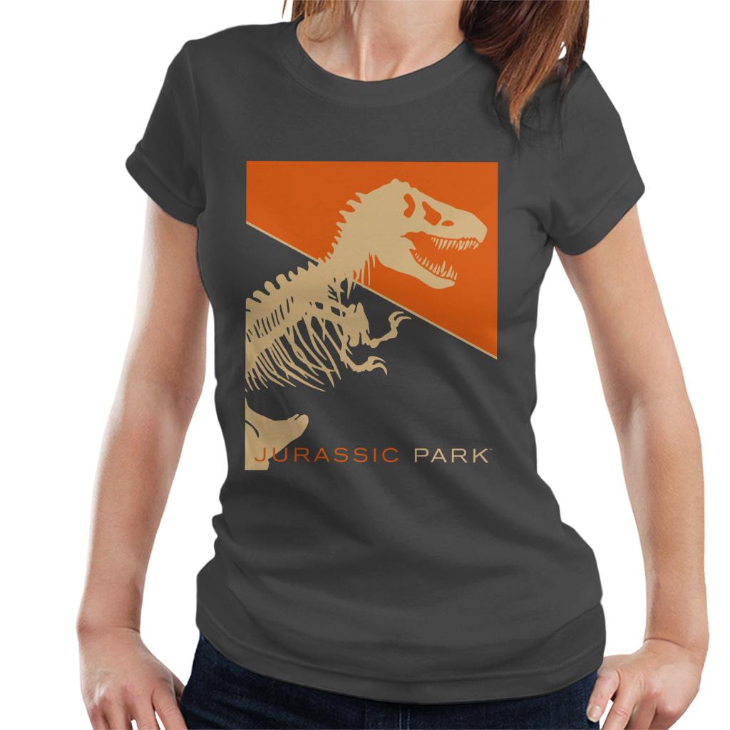 Jurassic Park T Rex Skeleton Orange Background Women's T-Shirt-ALL + EVERY