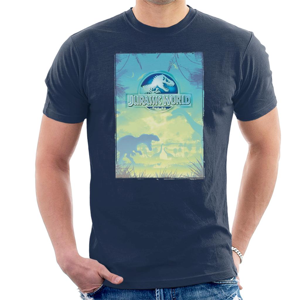 Jurassic Park Welcome To Jurassic World Blue Sky Dinosaur Silhouettes Men's T-Shirt-ALL + EVERY