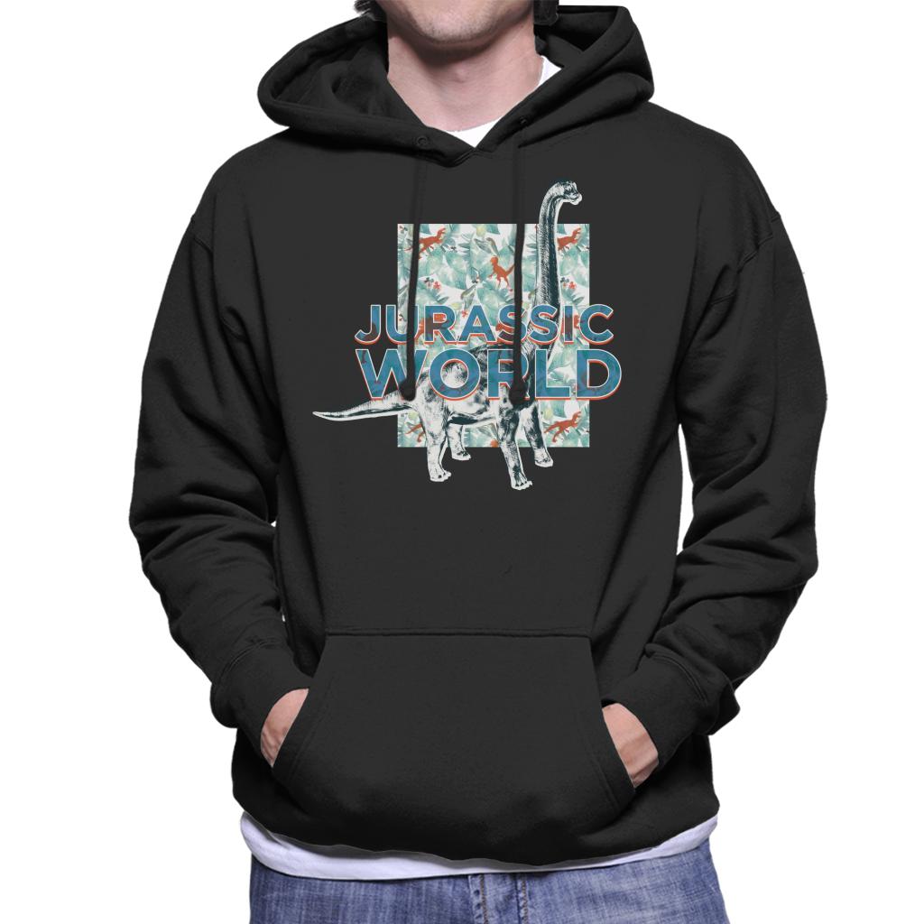 Jurassic Park Brachiosaurus Velociraptor Leaves Silhouette Men's Hooded Sweatshirt-ALL + EVERY