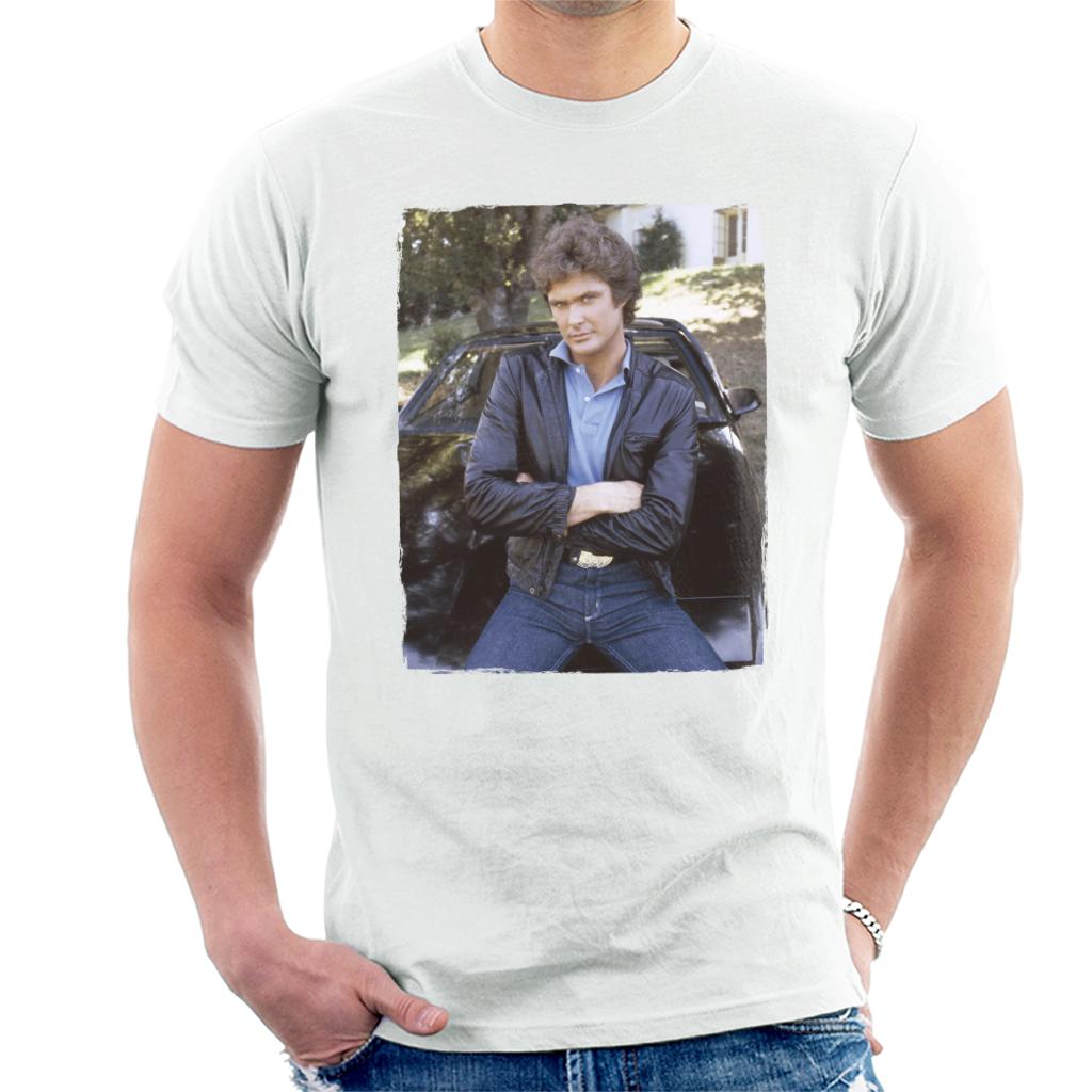 Knight Rider Michael Knight Leaning On KITT Men's T-Shirt-ALL + EVERY