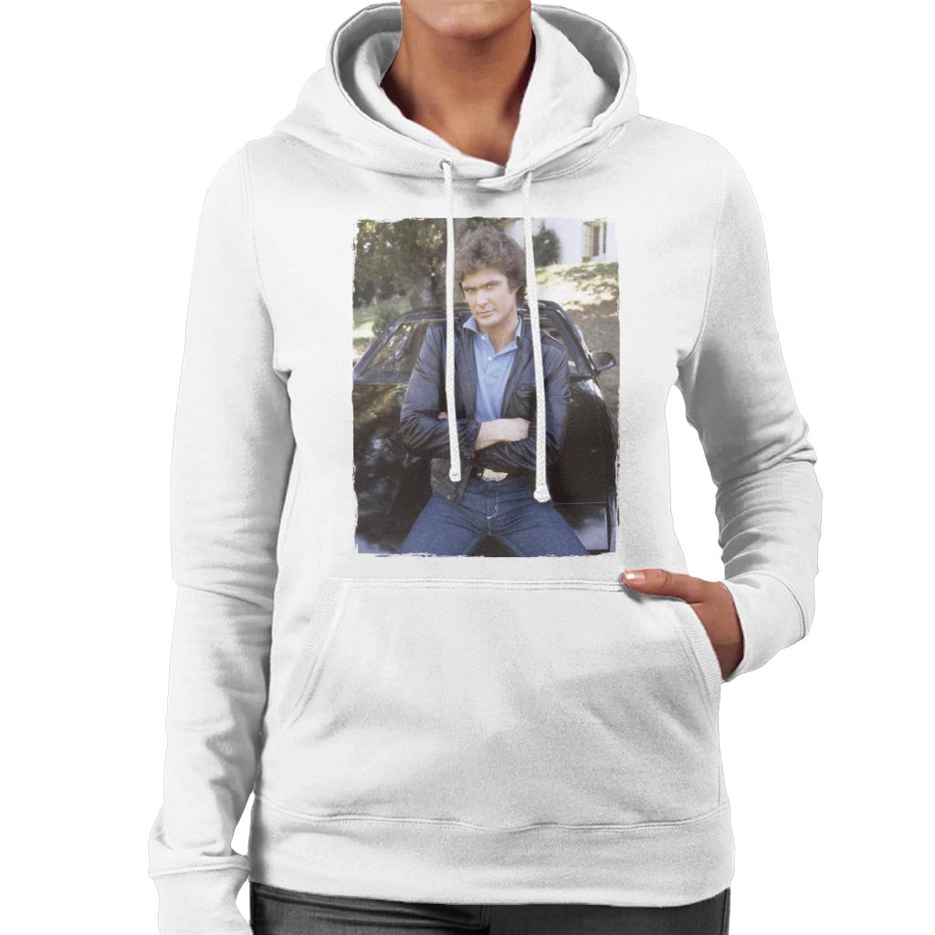 Knight Rider Michael Knight Leaning On KITT Women's Hooded Sweatshirt-ALL + EVERY