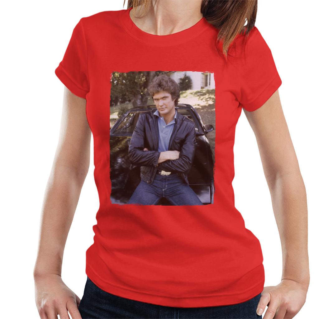 Knight Rider Michael Knight Leaning On KITT Women's T-Shirt-ALL + EVERY