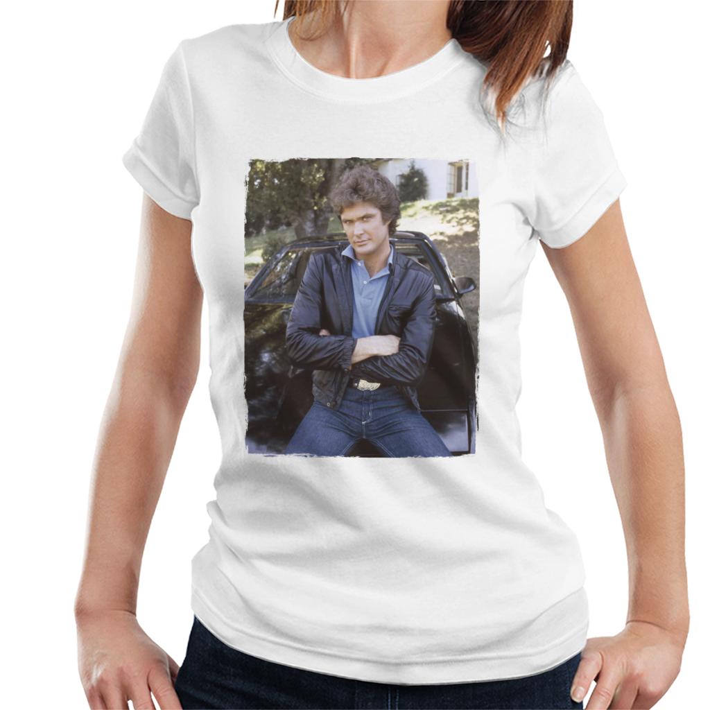 Knight Rider Michael Knight Leaning On KITT Women's T-Shirt-ALL + EVERY