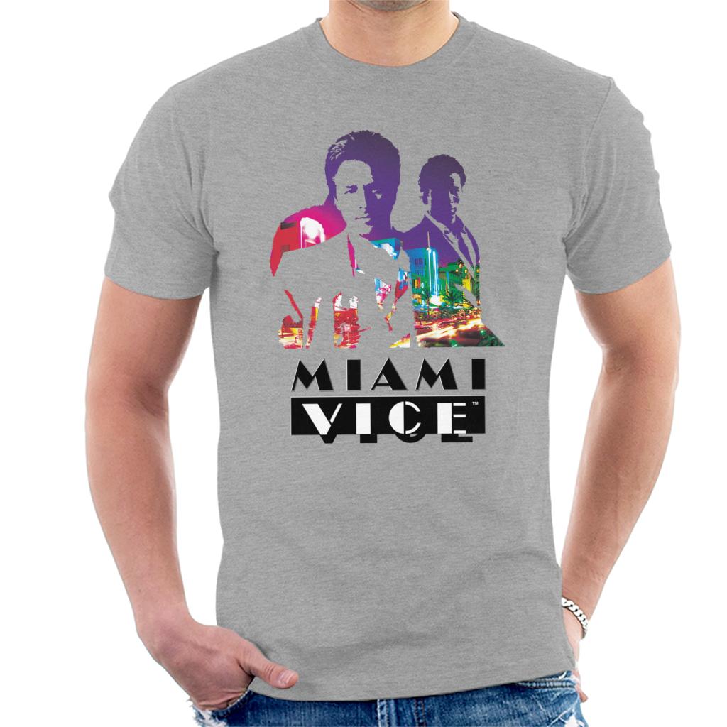 Miami Vice Sonny And Rico City Lights Silhouette Men's T-Shirt-ALL + EVERY