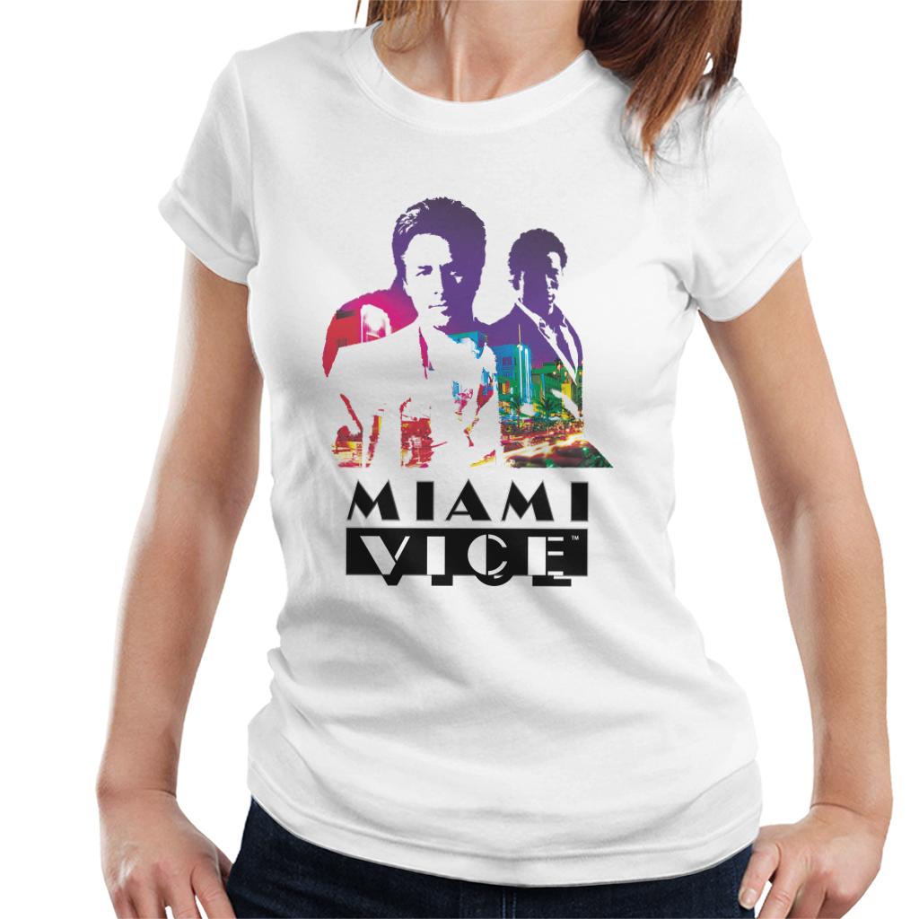 Miami Vice Sonny And Rico City Lights Silhouette Women's T-Shirt-ALL + EVERY